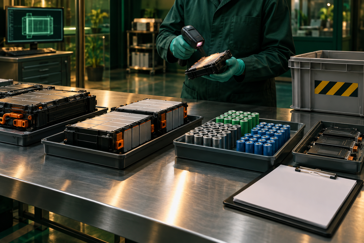 Illustrative controlled inspection and segregation of lithium-ion battery packs, modules and cells